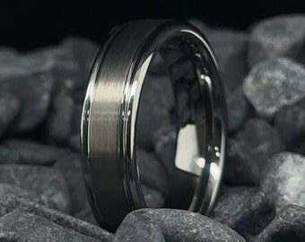 Brushed Silver Tungsten Band - Mens Wedding Ring with Polished Side Walls - 6mm Tungsten Band - Anniversary Gift