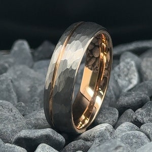 Tungsten Ring, Tungsten Silver Band, ROUNDED HAMMERED STRIPE Rose Gold Ring, Tungsten Band, Mens Tungsten Wedding Bands, Tungsten, 6mm Ring