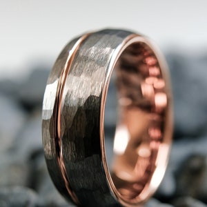 Rose Gold Tungsten Wedding Band 8mm - Rounded Hammered Stripe Rose Gold Ring - Unisex Silver Band