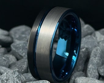 Black Tungsten Wedding Band - 8mm Blue and Grey Two Tone Men's Wedding Ring - Tungsten Wedding Band - Engagement Ring - Anniversary Gift