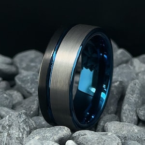 Black Tungsten Wedding Band - 8mm Blue and Grey Two Tone Men's Wedding Ring - Tungsten Wedding Band - Engagement Ring - Anniversary Gift