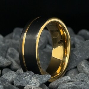 8mm Black Brushed Tungsten Ring with Gold Stripe & Interior - Men's and Women's Wedding Band