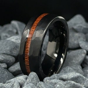 Black Hammered Tungsten Ring with KOA Wood Stripe Finish - 8mm Men's Wedding Band - Anniversary Gift