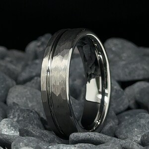 Hammered Tungsten Ring Silver Stripe Finish - 6mm His and Hers Wedding Bands - Anniversary Gift