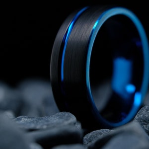 Black Tungsten Wedding Band - 8mm Blue Stripe and Interior Men's Ring - Customizable