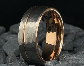8mm Silver Tungsten Ring with Rose Gold Stripe & Interior - Men's Hammered Tungsten Wedding Band