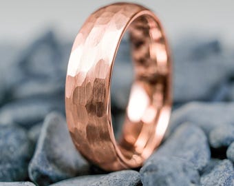 6 mm gehamerde roségouden wolfraam trouwring – uniseks aanpasbare comfort-fit ring