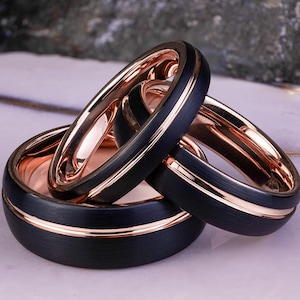 Schwarzer Wolframring mit Rosegold Streifen & Interieur - Unisex Gebürsteter Abgerundeter Ehering - Kostenlose Gravur - Erhältlich in 4 mm, 6 mm, 8 mm