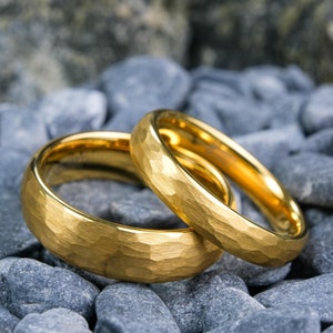 Hammered Yellow Gold Tungsten Rings Set - 6mm & 4mm Men's and Women's ...