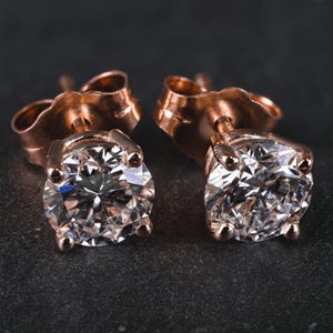 14K Rose Gold Diamond Earrings - 1.00ct Total Weight, VVS Round Cut Lab Grown, 5mm Push-Back Solitaire Design - Anniversary Gift for Her
