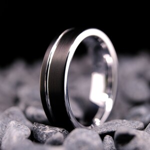 Black Tungsten Ring - 6mm Brushed Stripe Finish - White Gold ...