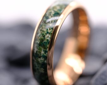Rose Gold Moss Agate Tungsten Band - His and Hers Tungsten Wedding Ring - Anniversary Gift - Engagement Ring - 6mm Promise Ring