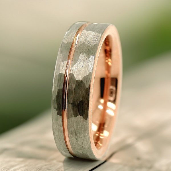 6mm Silver Tungsten Ring with Rose Gold Stripe & Interior - Men's Hammered Tungsten Wedding Band