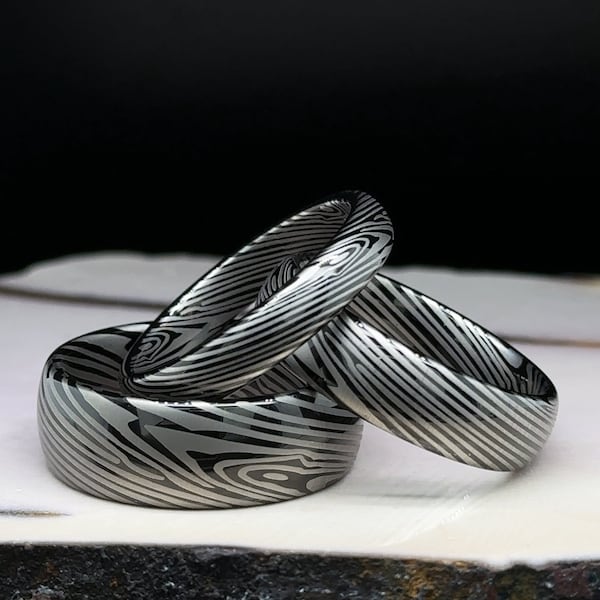 Men's Tungsten Ring - Damascus Steel Brushed Bands - Wedding Bands - Engagement Ring - Unique Tungsten Bands - Anniversary Gift