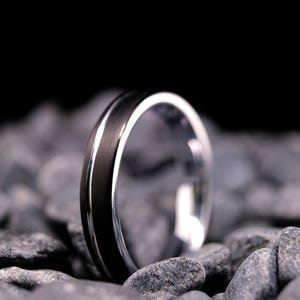 Black Tungsten Ring - 4mm Brushed Stripe Finish - White Gold Interior - Wedding Band