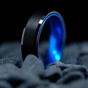 Black Tungsten Wedding Band - 6mm Blue Inlay Unisex Ring - Customizable