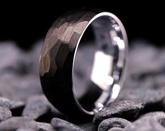 Black Hammered Tungsten Wedding Band - 8mm Obsidian Ring - White Gold Interior - Anniversary Gift