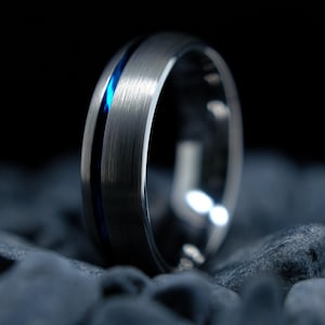 Brushed Silver Tungsten Band - 6mm Men's Wedding Ring with Blue Stripe - Customizable