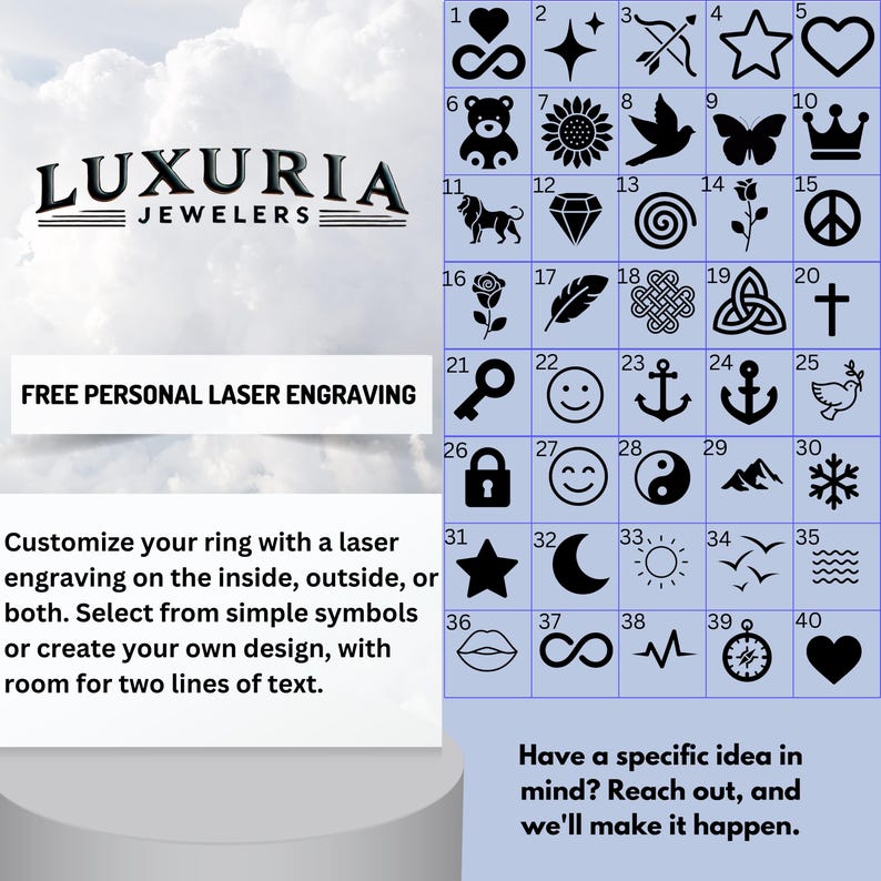 May include: A grid of 40 black icons on a light blue background, including hearts, stars, animals, and symbols. Text reads: LUXURIA JEWELERS, FREE PERSONAL LASER ENGRAVING, Customize your ring with a laser engraving on the inside, outside, or both.