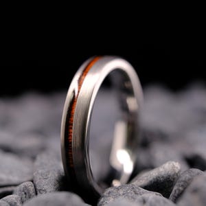 Silver Tungsten Ring with KOA Wood Stripe Finish - 4mm Men's Wedding Band - Brushed
