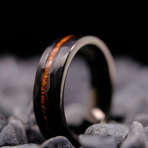 Black Tungsten Ring with KOA Wood Stripe Hammered Finish - 6mm Men's Wedding Band - Wedding Gift