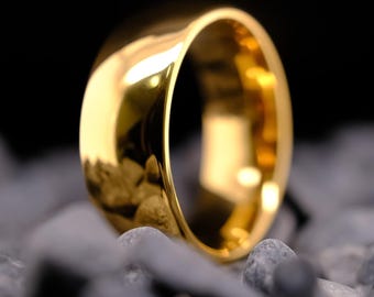 Mens Gold Polished Tungsten Wedding Band - 8mm Yellow Gold Ring - Engagement, Gift