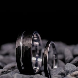 His and Hers Wedding Band Set - 2mm & 8mm Obsidian Black Hammered Tungsten Carbide Bands