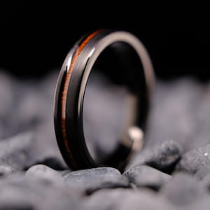 Black Tungsten Ring with KOA Wood Stripe Brushed Finish - 4mm Men&#39;s Wedding Band