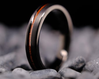 Black Tungsten Ring with KOA Wood Stripe Brushed Finish - 4mm Men's Wedding Band