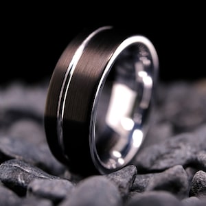 Black Tungsten Ring - 8mm Brushed Stripe Finish - White Gold Interior - Wedding Band
