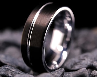 Black Tungsten Ring - 8mm Brushed Stripe Finish - White Gold Interior - Wedding Band