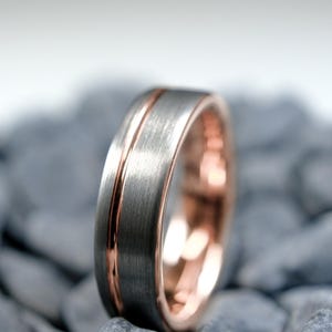 6mm Silver Tungsten Wedding Band / Rose Gold Stripe & Interior - Men's Brushed Tungsten Wedding Band
