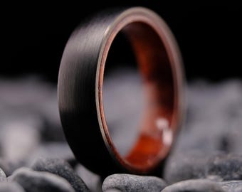 Black Tungsten Ring with KOA Wood Interior - Brushed Finish - 6mm Men's Wedding Band - Nature Wedding Ring