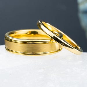 His and Hers Wedding Bands Set – 6mm & 2mm Polished Yellow Gold Tungsten Rings, Customizable