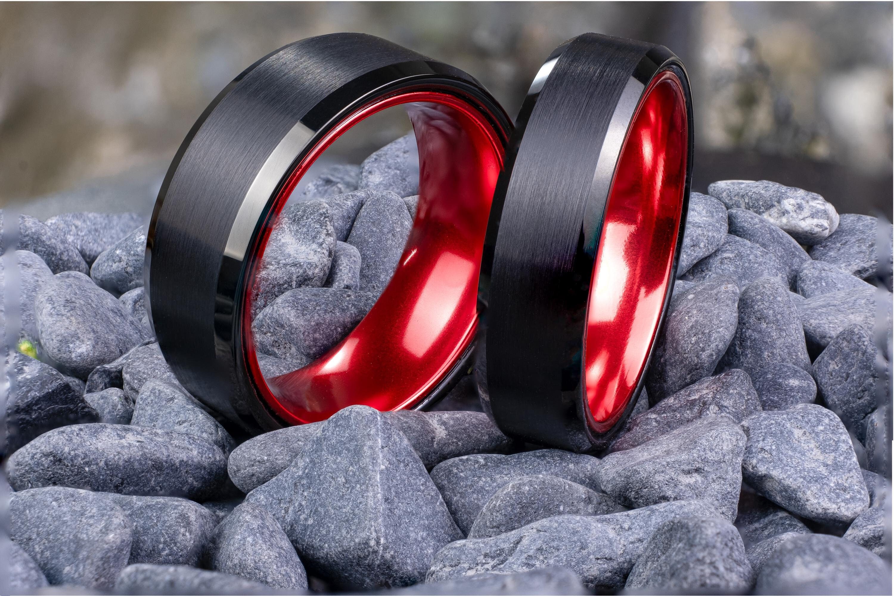 Wedding Ring Sets His and Hers Black and Red - Etsy