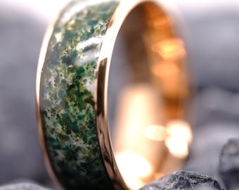 Moss Agate Rose Gold Tungsten Wedding Band - 8mm His and Hers Anniversary Ring