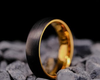 Black Brushed Tungsten Ring - 6mm Gold Interior, Unisex Wedding Band