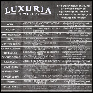 May include: A Luxuria Jewelers chart displaying twelve distinct font styles for engraving. Each row lists the font name, followed by the uppercase and lowercase alphabet, numbers 0-9, and the phrase To the love of my life in that specific typeface.