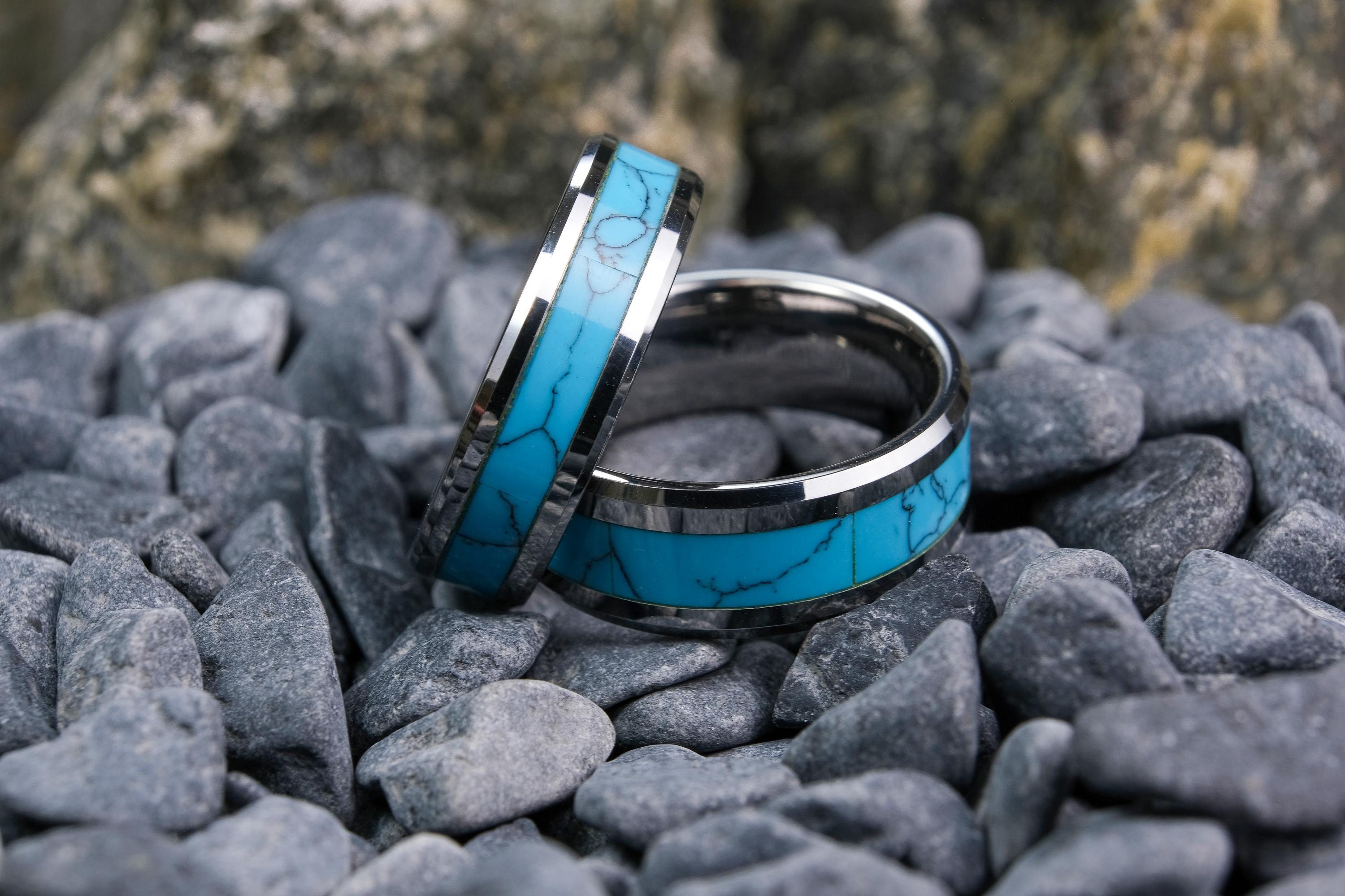 Blue Turquoise Wedding Band Sets His And Hers Tungsten Ring Set