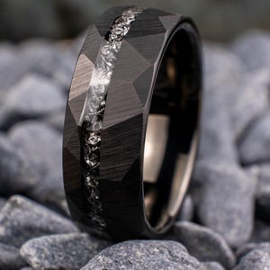 Black Hammered Tungsten Band with Crushed Meteorite - His and Hers Wedding Ring - Anniversary Gift - 8mm Engagement Ring