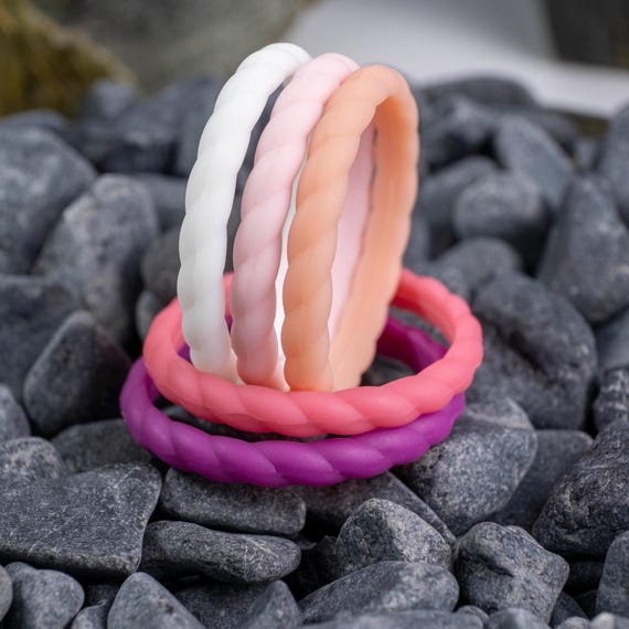 Silicone Band Set - 2mm Pink, Purple and White Knot Braided Bands - 5 Pack Unisex Active Lifestyle Rings