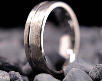 Hammered Silver Tungsten Ring / Stripe - 6mm His and Her Wedding Band - Anniversary Gift - Custom Engraved Ring