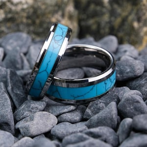 His and Hers Tungsten Ring Set - 8mm & 6mm Turquoise Bands with Polished Silver Edges - Tungsten Wedding Rings