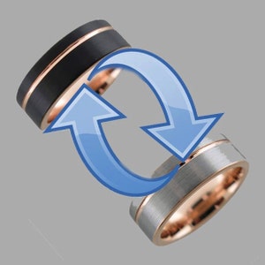 May include: Two tungsten carbide rings with rose gold inlays. One ring is black with a brushed finish and the other is silver with a polished finish. The rings are shown with arrows indicating that they can be swapped.