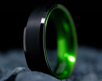 Black Tungsten Ring with Beveled Edge - 6mm High Polished Green Interior - Brushed Wedding Band for Women & Men
