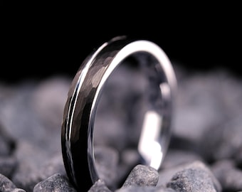Black Tungsten Ring - 4mm Hammered Stripe Wedding Band - White Gold Interior
