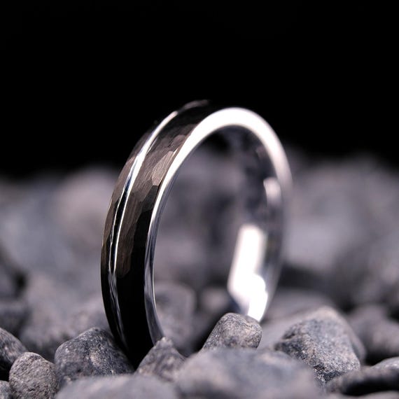 Black Tungsten Ring - 4mm Hammered Stripe Wedding Band - White Gold Interior