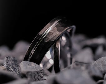 His and Hers Wedding Band Set - 2mm & 6mm Obsidian Black Hammered Tungsten Carbide Bands