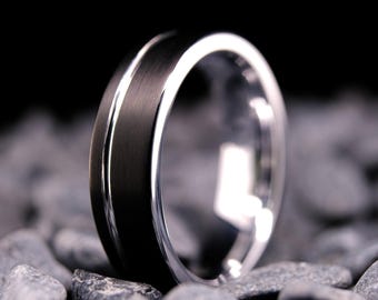 Black Tungsten Ring - 6mm Brushed Stripe Finish - White Gold Interior - Wedding Band