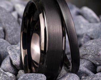 Obsidian Black Bands His and Hers Set - 2mm and 6mm Brushed With Beveled Edges - Wedding Rings